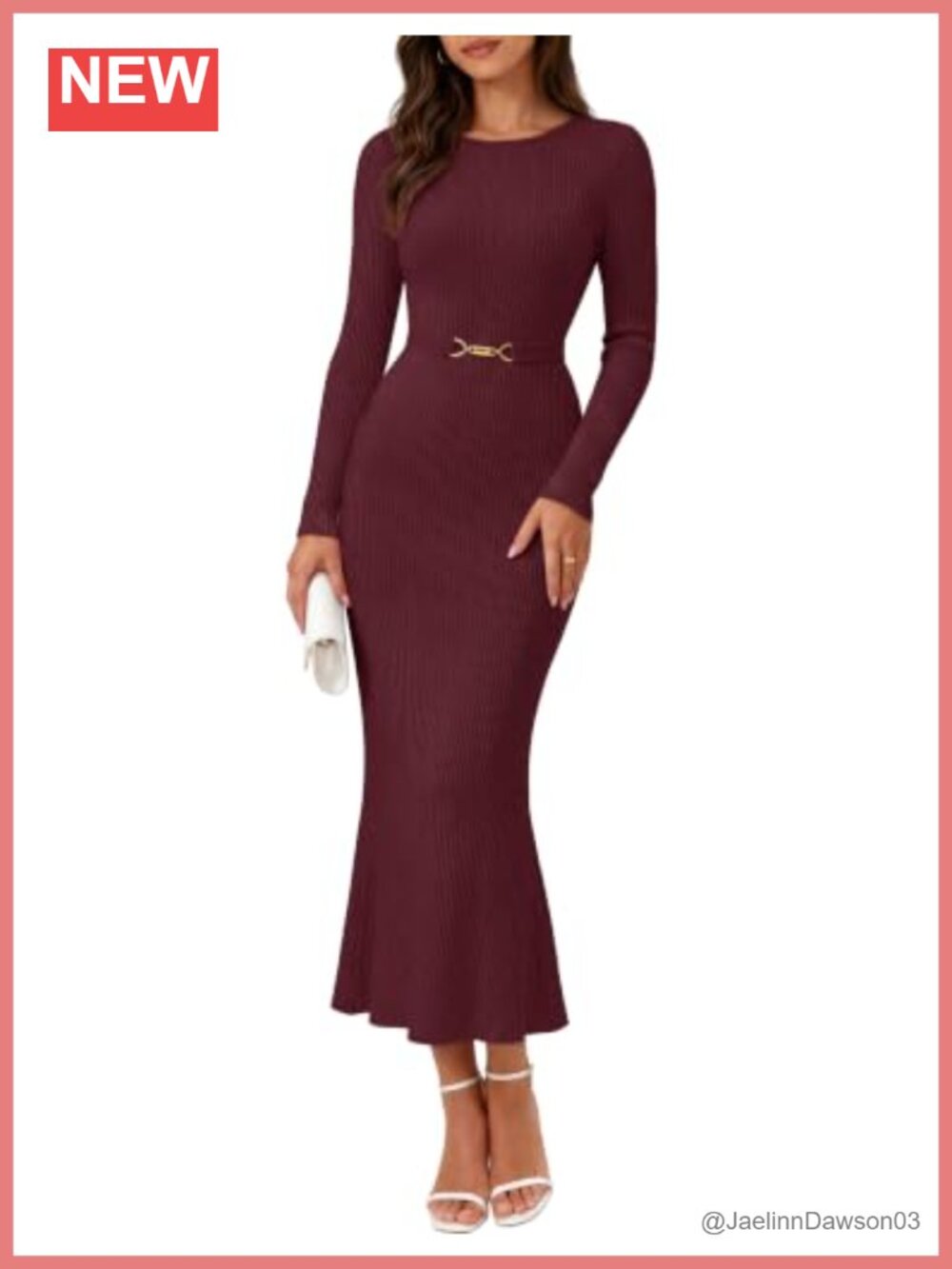 Women's Long Sleeve Ribbed Knit Bodycon Sweater Dress with Belt